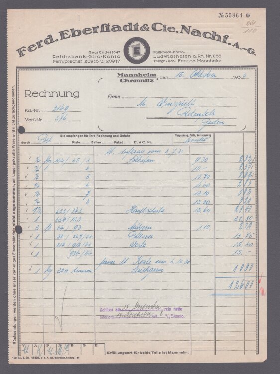Ferd Eberstadt u Cie Nachfahren AG - Rechnung - 07.10.1930
