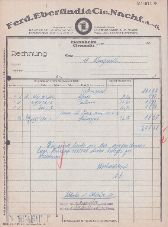 Ferd Eberstadt u Cie Nachfahren AG - Rechnung -