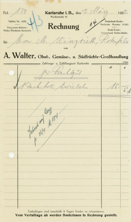 Rothenfels in Baden  - Rechnung  - 03.03.1928