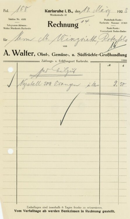 A. Walter Obst-, Gemüse-, und Südfrüchte-Großhandlung   - Rechnung  - 1.03.1928