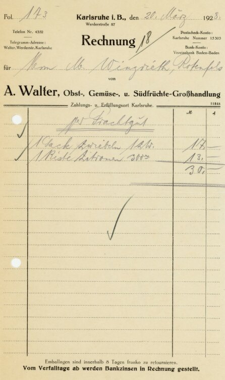 A. Walter Obst-, Gemüse-, und Südfrüchte-Großhandlung   - Rechnung - 20.03.1928