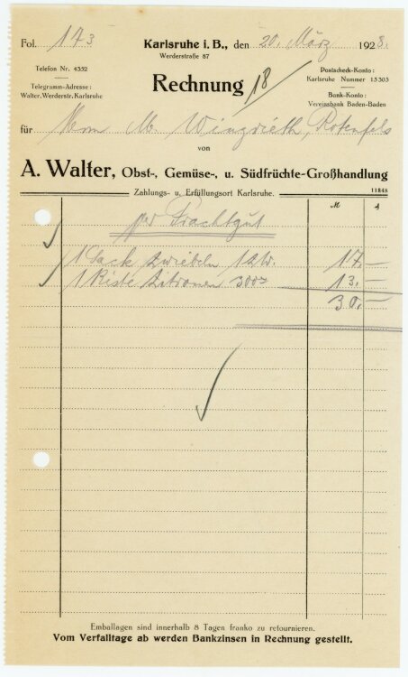 A. Walter Obst-, Gemüse-, und Südfrüchte-Großhandlung   - Rechnung - 20.03.1928