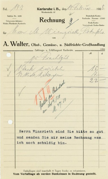 A. Walter Obst-, Gemüse-, und Südfrüchte-Großhandlung   - Rechnung  - 14.02.1928
