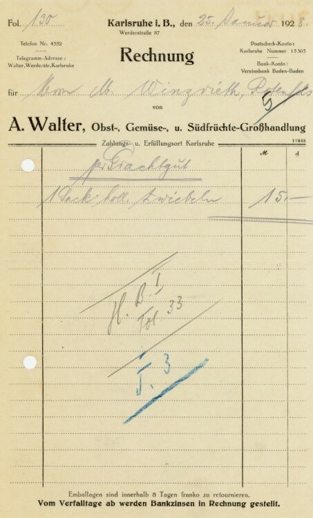 A. Walter Obst-, Gemüse-, und Südfrüchte-Großhandlung   - Rechnung  - 25.01.1928