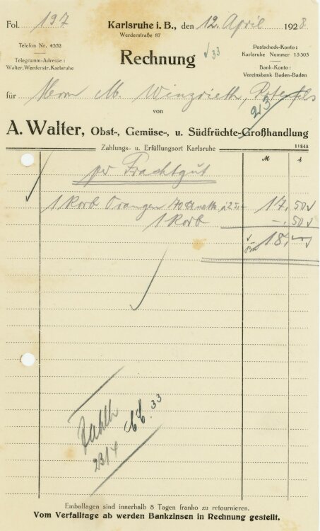 A. Walter Obst-, Gemüse-, und Südfrüchte-Großhandlung   - Rechnung  - 12.04.1928
