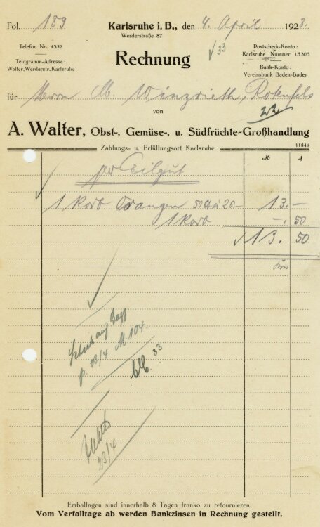 A. Walter Obst-, Gemüse-, und Südfrüchte-Großhandlung   - Rechnung  - 04.04.1928