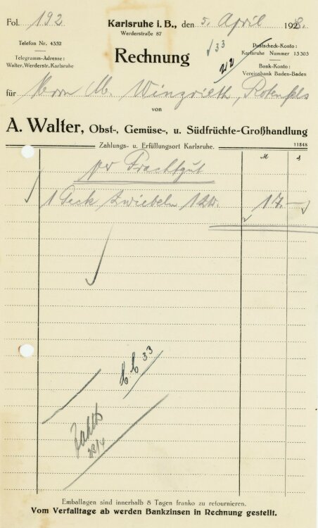 Rothenfels in Baden  - Rechnung  - 05.04.1928