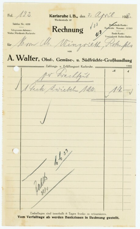 Rothenfels in Baden  - Rechnung  - 05.04.1928