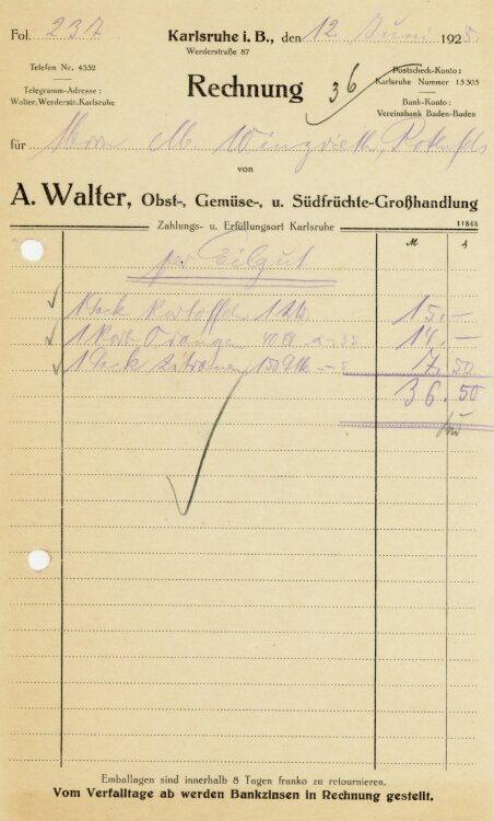 A. Walter Obst-, Gemüse-, und Südfrüchte-Großhandlung   - Rechnung  - 12.06.1928