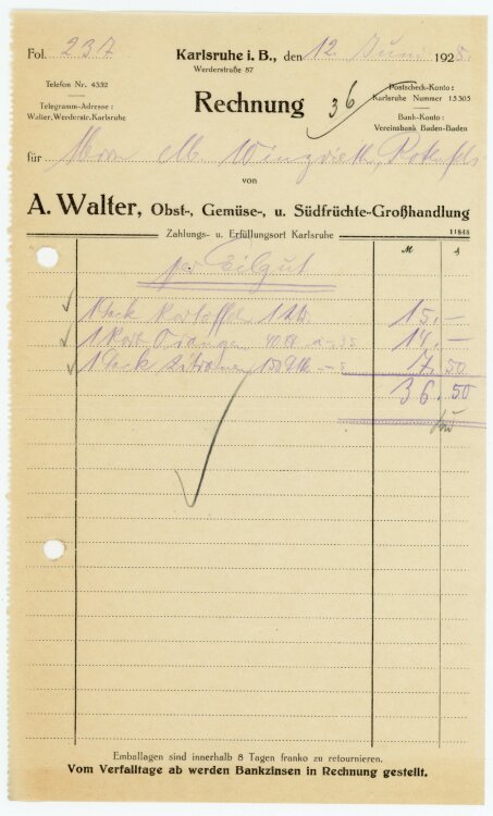 A. Walter Obst-, Gemüse-, und Südfrüchte-Großhandlung   - Rechnung  - 12.06.1928
