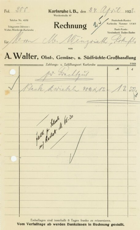 A. Walter Obst-, Gemüse-, und Südfrüchte-Großhandlung   - Rechnung  - 24.04.1928