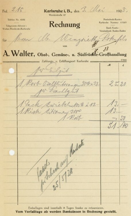 A. Walter Obst-, Gemüse-, und Südfrüchte-Großhandlung   - Rechnung  - 03.05.1928