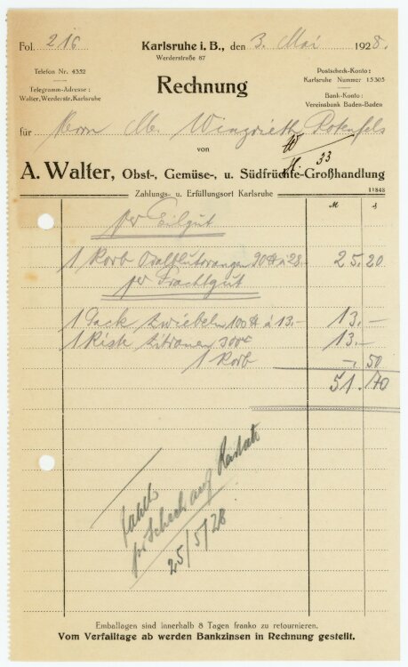 A. Walter Obst-, Gemüse-, und Südfrüchte-Großhandlung   - Rechnung  - 03.05.1928