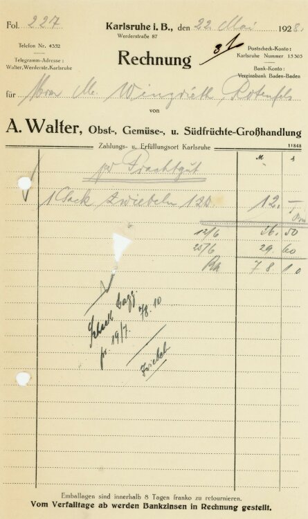 A. Walter Obst-, Gemüse-, und Südfrüchte-Großhandlung   - Rechnung  - 22.05.1928