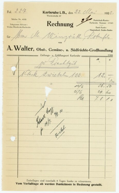 A. Walter Obst-, Gemüse-, und Südfrüchte-Großhandlung   - Rechnung  - 22.05.1928