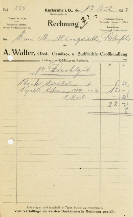 A. Walter Obst-, Gemüse-, und Südfrüchte-Großhandlung   - Rechnung  - 17.07.1928