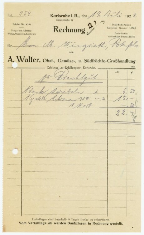 A. Walter Obst-, Gemüse-, und Südfrüchte-Großhandlung   - Rechnung  - 17.07.1928