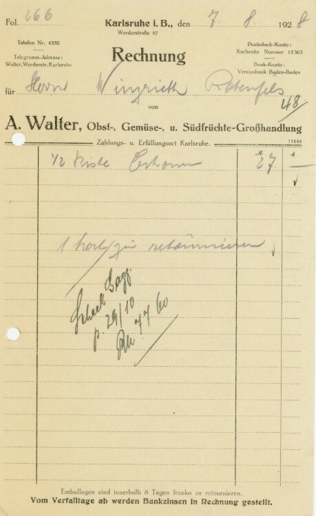 A. Walter Obst-, Gemüse-, und Südfrüchte-Großhandlung  - Rechnung  - 07.08.1928