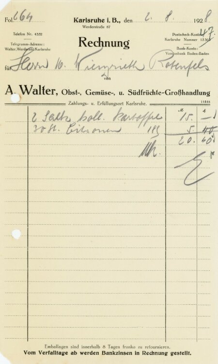 A. Walter Obst-, Gemüse-, und Südfrüchte-Großhandlung   - Rechnung  - 02.08.1928