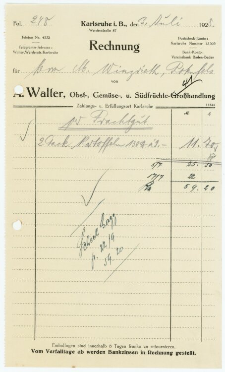 A. Walter Obst-, Gemüse-, und Südfrüchte-Großhandlung   - Rechnung  - 03.07.1928
