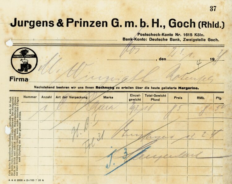 Jurgens&Prinzen G.m.b.H., Goch - Rechnung  - 23.01.1928