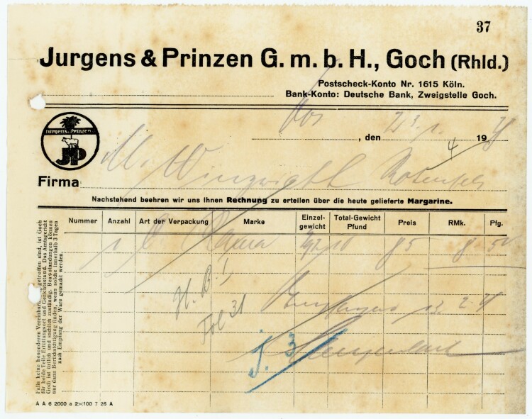 Jurgens&Prinzen G.m.b.H., Goch - Rechnung  - 23.01.1928