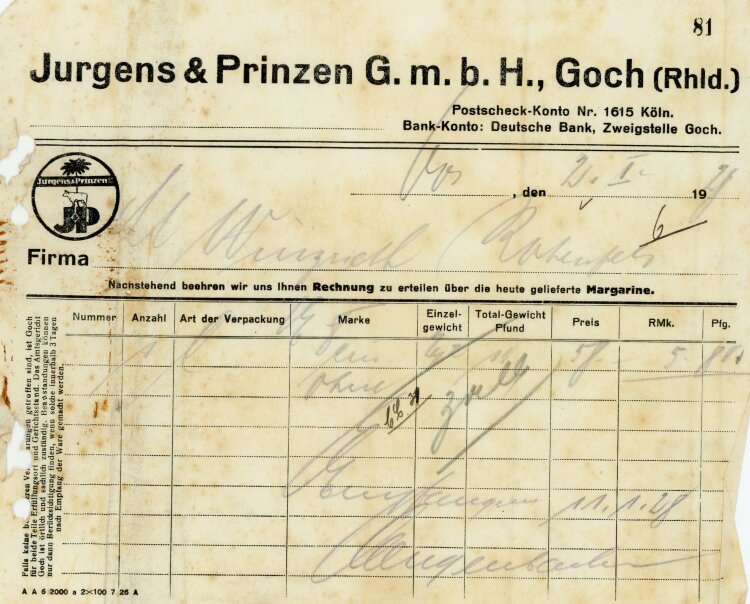 Jurgens&Prinzen G.m.b.H., Goch  - Rechnung  - 02.01.1928