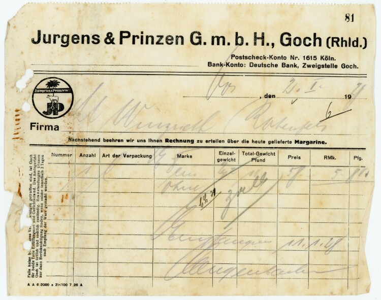 Jurgens&Prinzen G.m.b.H., Goch  - Rechnung  - 02.01.1928