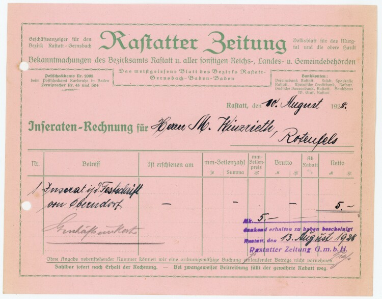 Rastatter Zeitung - Rechnung  - 10.08.1928