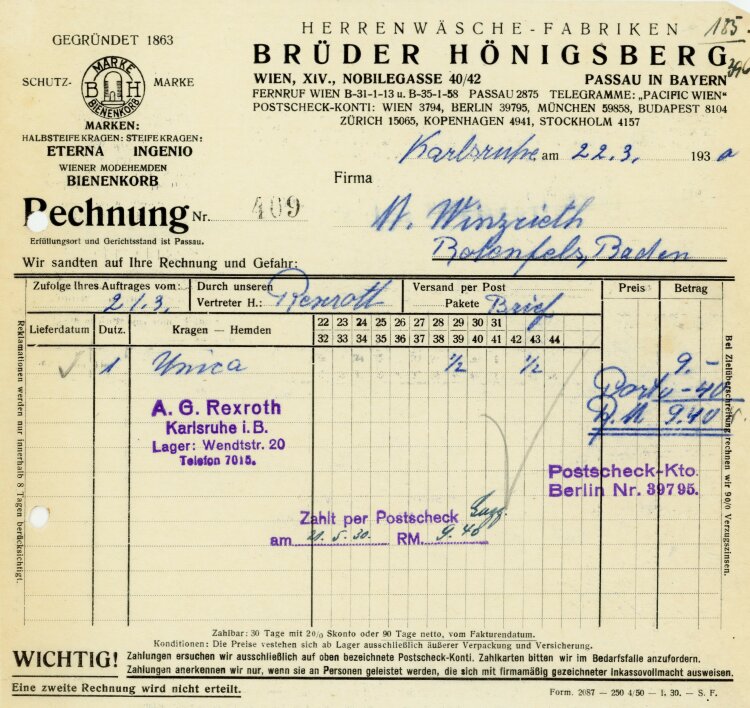 Herrenwäsche-Fabriken Brüder Hönigsberg Wien - Rechnung  - 22.03.1930