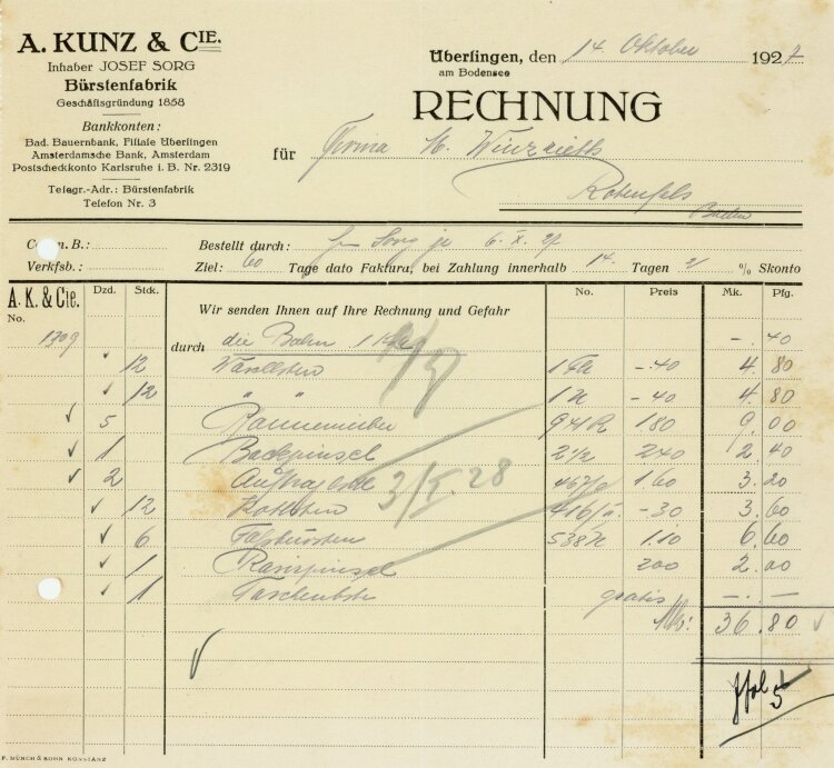 A.Kunz & Cie., Inhaber Josef Sorg, Bürstenfabrik - Rechnung - 14.10.1927