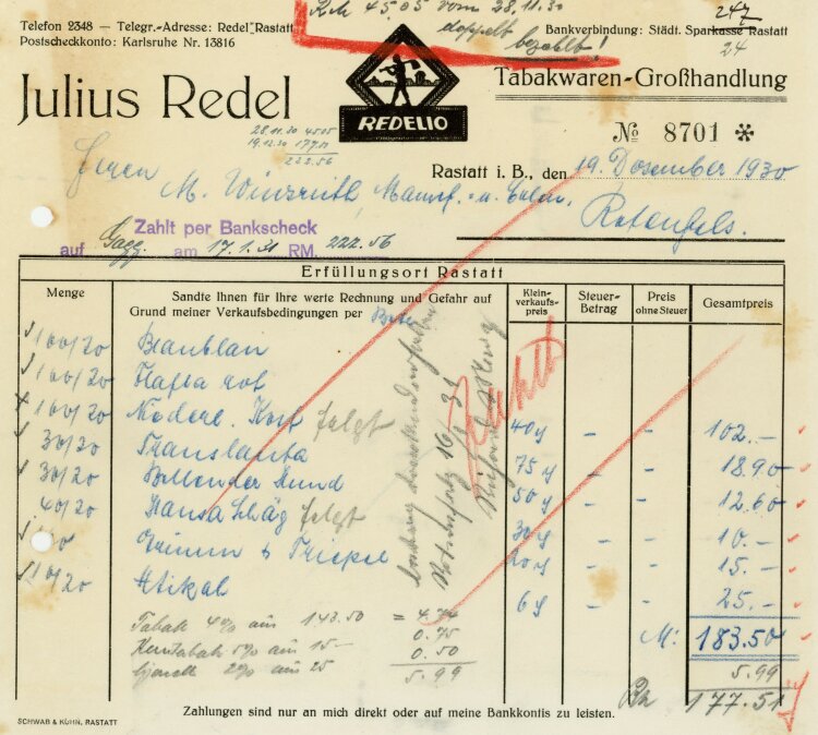 Julius Redel, Tabakwaren-Großhandlung - Rechnung  - 19.12.1930