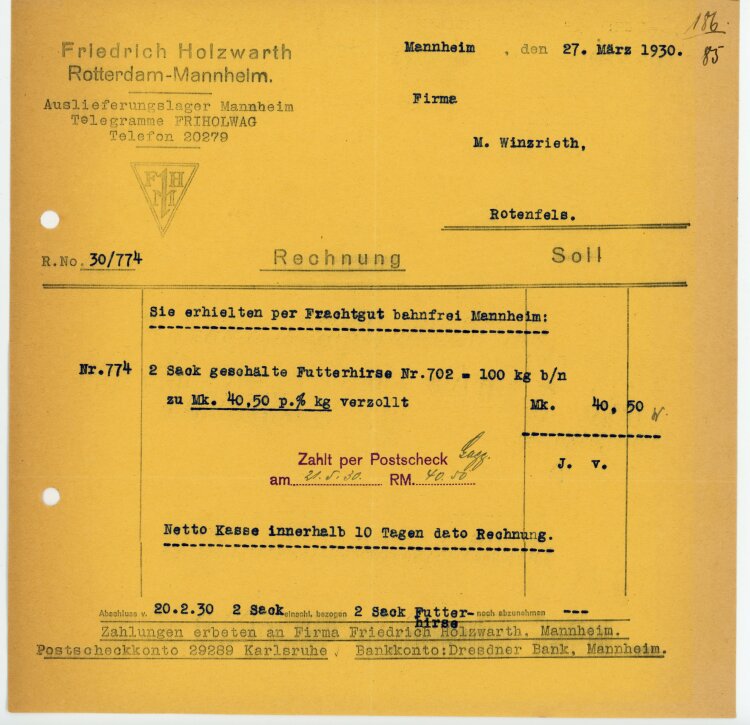 Friedrich Holzwarth Rotterdam-Mannheim - Rechnung  - 27.03.1930