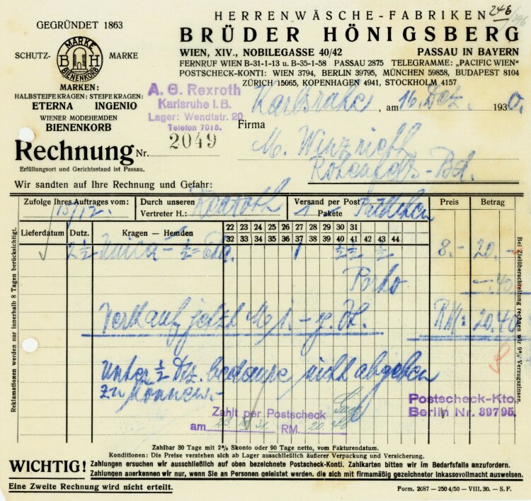 Herrenwäsche-Fabriken Brüder Hönigsberg Wien  - Rechnung - 16.12.1930