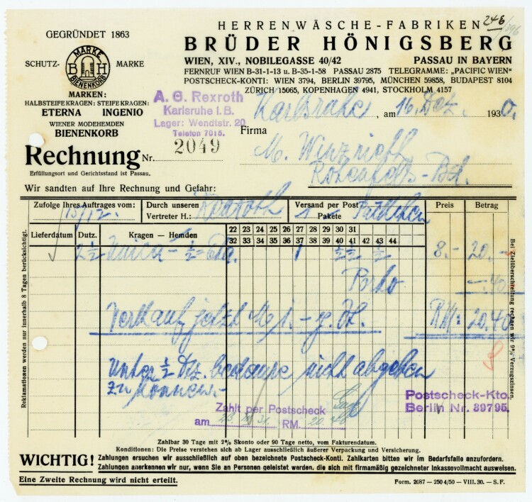 Herrenwäsche-Fabriken Brüder Hönigsberg Wien  - Rechnung - 16.12.1930