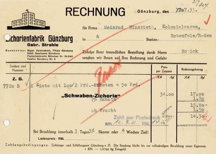 Zichorienfabrik Günzburg, Gebr. Strehle - Rechnung  - 20.07.1933