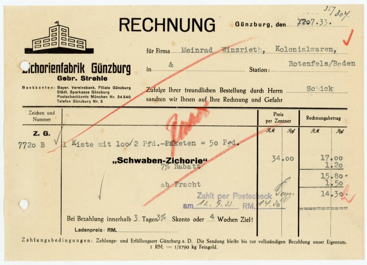 Zichorienfabrik Günzburg, Gebr. Strehle - Rechnung  - 20.07.1933