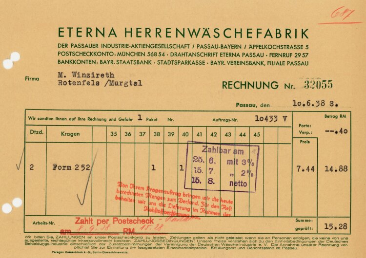 Eterna Herrenwäschefabrik der Passauer Industrie-Aktiengesellschaft Passau-Bayern - Rechnung  - 10.06.1938