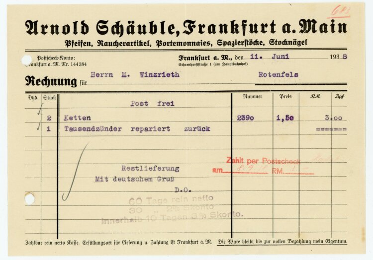 Arnold Schäuble, Frankfurt a. Main, Pfeifen, Raucherartikel, Portemonnaies, Spazierstöcke, Stocknägel - Rechnung  - 11.06.1938