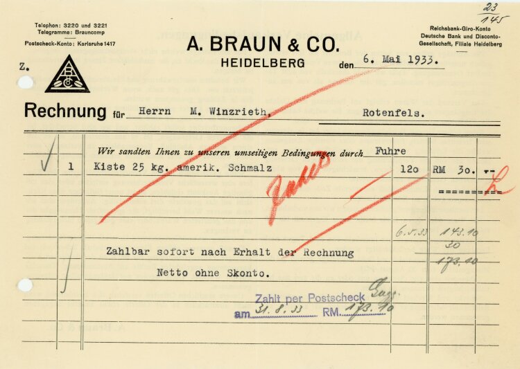 A.Braun & Co. Heidelberg - Rechnung  - 06.05.1933