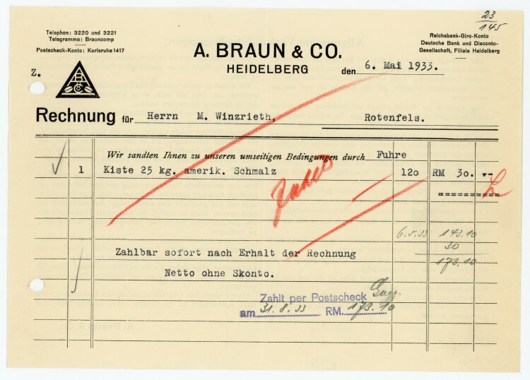 A.Braun & Co. Heidelberg - Rechnung  - 06.05.1933