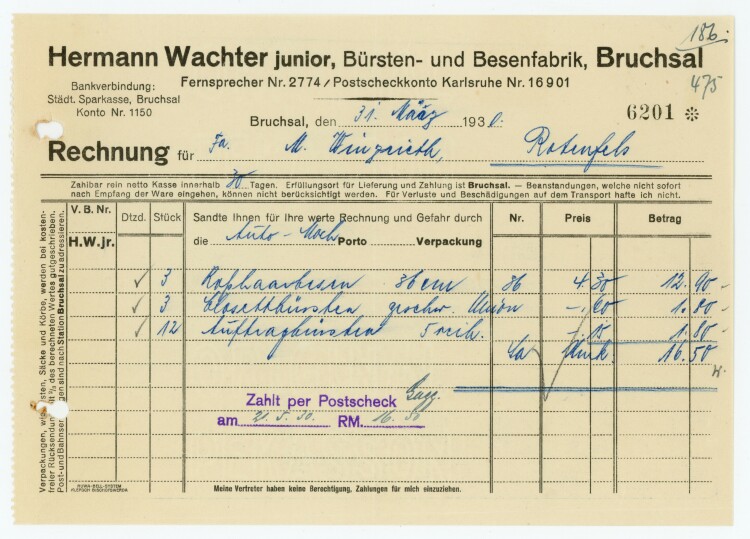 Hermann Wachter junior, Bürsten-und Besenfabrik, Bruchsal - Rechnung  - 31.03.1930