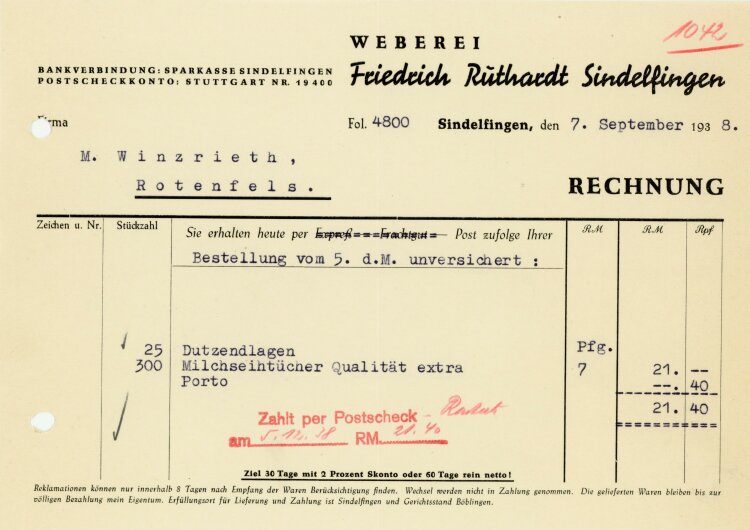 Weberei Friedrich Ruthardt Sindelfingen - Rechnung  - 07.09.1938