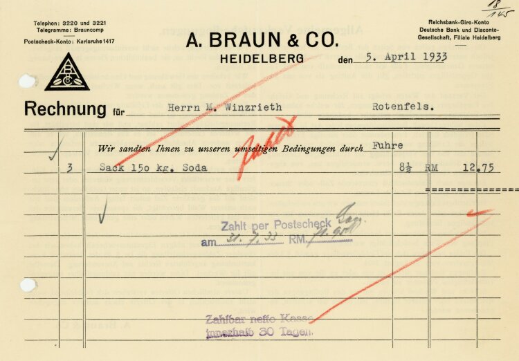 A.Braun & Co. Heidelberg - Rechnung  - 05.04.1933