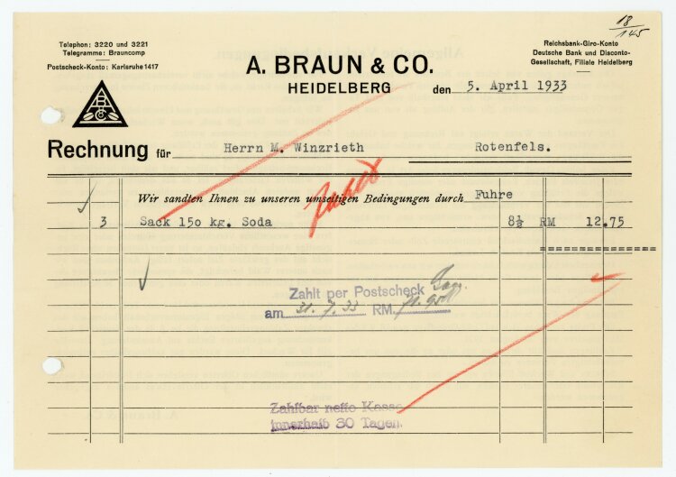 A.Braun & Co. Heidelberg - Rechnung  - 05.04.1933