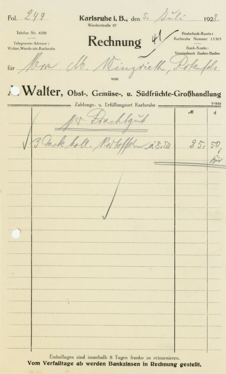 A. Walter Obst-, Gemüse-, und Südfrüchte-Großhandlung   - Rechnung  - 05.06.1928
