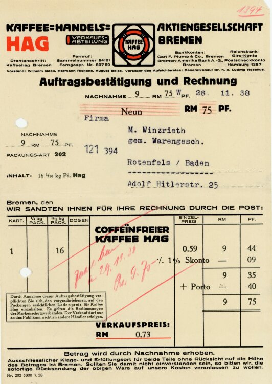 HAG Kaffee-Handels-Aktiengesellschaft Bremen - Rechnung  - 26.11.1938
