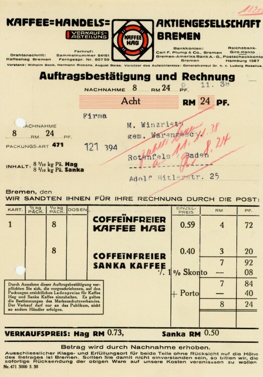 HAG Kaffee-Handels-Aktiengesellschaft Bremen  - Rechnung - 09.11.1938