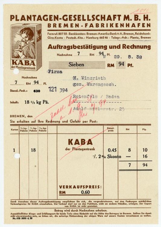 Plantagen-Gesellschaft M.B.H. Bremen-Fabrikenhafen - Rechnung  - 29.08.1938