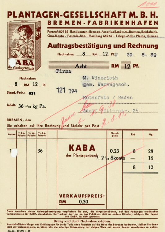 Plantagen-Gesellschaft M.B.H. Bremen-Fabrikenhafen  - Rechnung   - 29.08.1938
